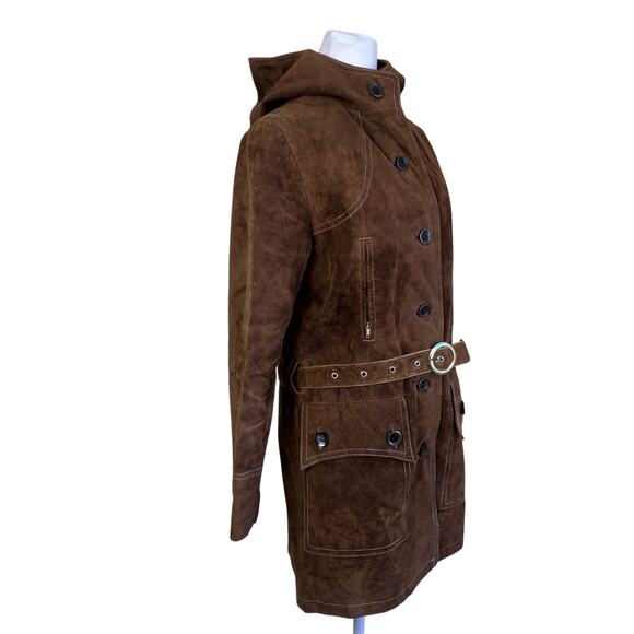 Vintage Retro 70s 80s Suede Jacket Hip Length Hooded Belted Brown Fitted XS - Picture 3 of 16